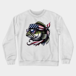 Bass American USA Flag Sunglasses 4th of July Fish Fishing Crewneck Sweatshirt